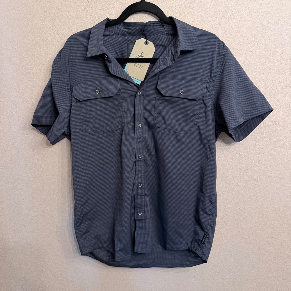 Prana Cayman Shirt Mens Small Charcoal Grey Plaid Short Sleeve Button Down New